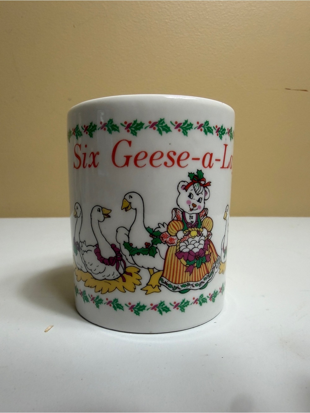 Vintage 1993 TCFC "Six Geese-a-Laying" Bear Christmas Mug goose white